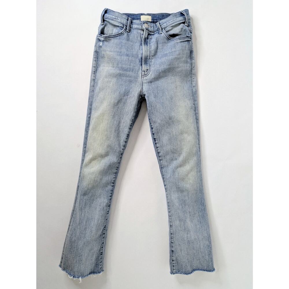 MOTHER Hustler Ankle Fray Jeans 28 Light Blue Flare Leg High Rise Raw Hem Zipper
